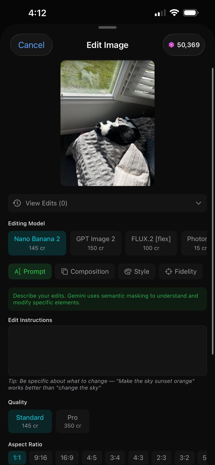 Edit Image — model and quality picker