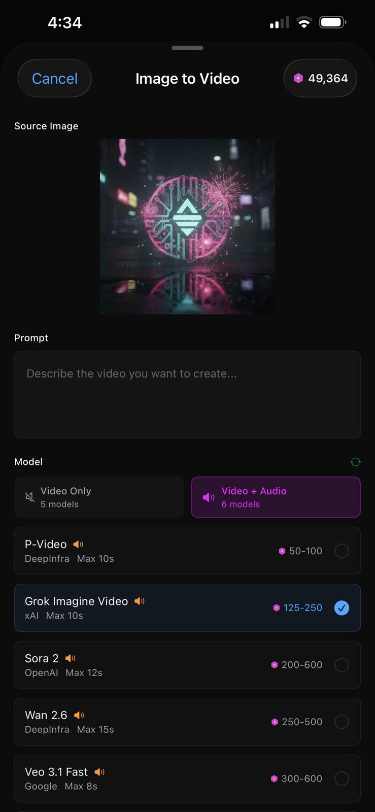 Image to Video — model picker with audio options