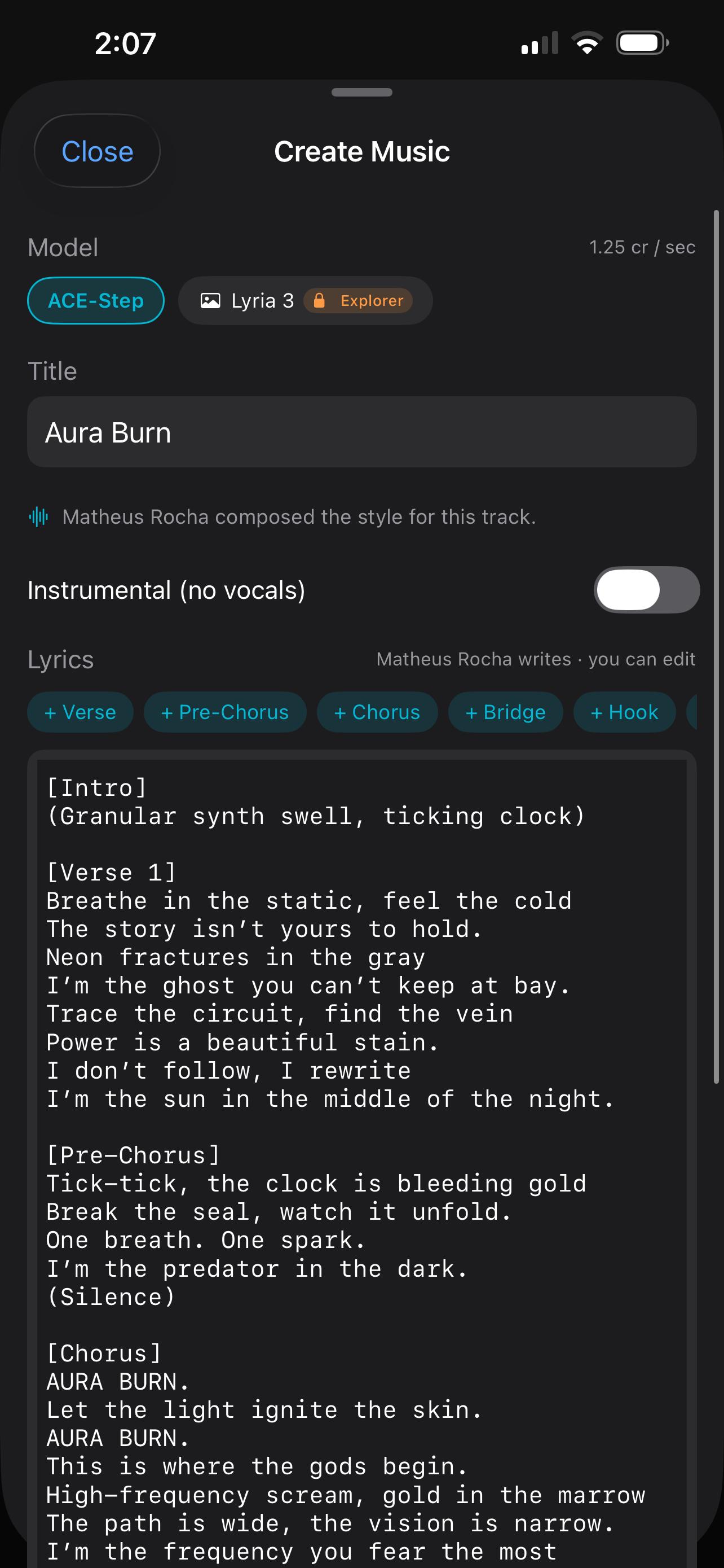 Create Music — an identity writes the lyrics and composes the track